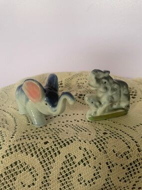 Vintage Ceramic Elephant Figurines - Blue & Gray miniatures